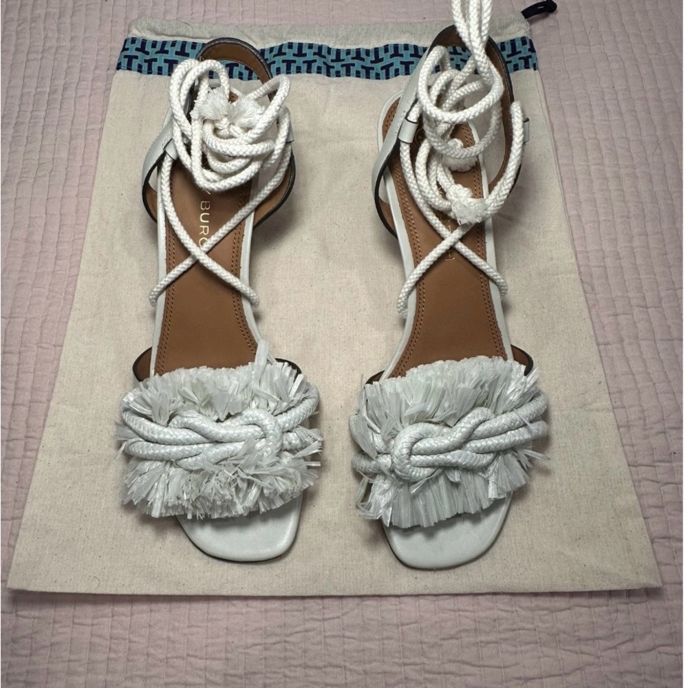Tory Burch White Rope Heeled Sandals